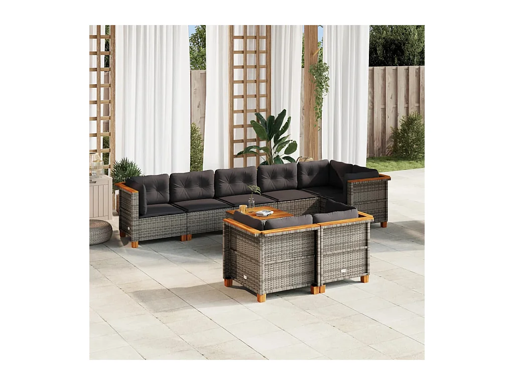 Salon de jardin 9 pcs avec coussins gris résine tressée