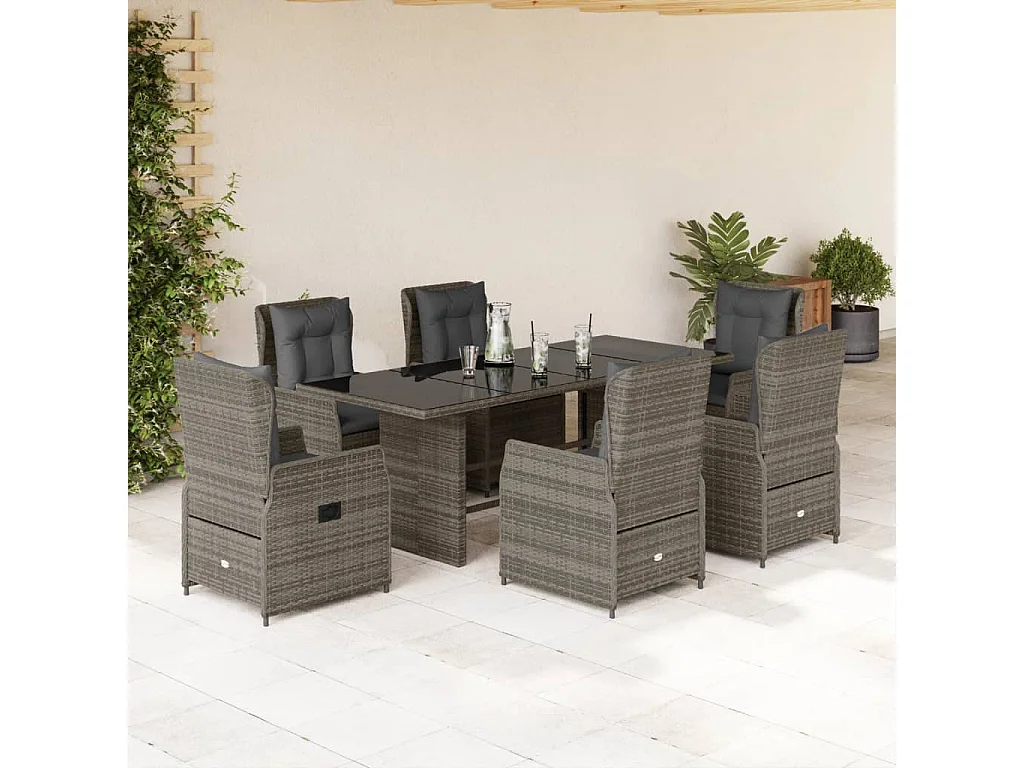Ensemble à manger de jardin et coussins 7 pcs gris rotin