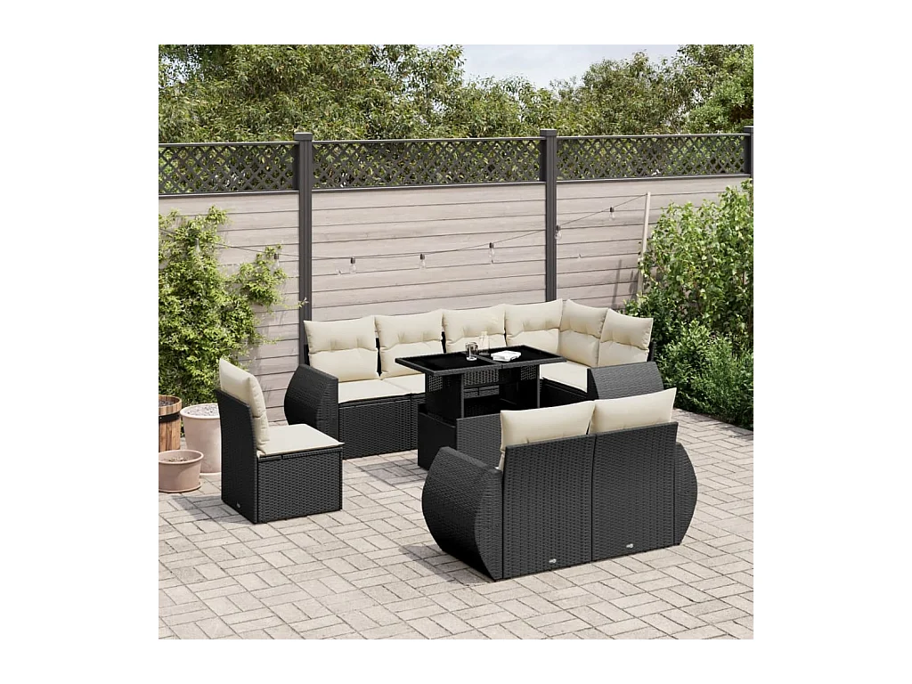 Salon de jardin 9 pcs avec coussins noir résine tressée