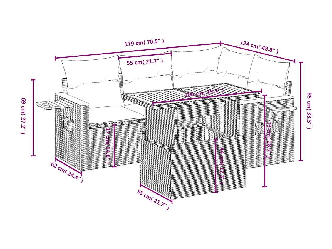 5 pcs conjunto sofás de jardim c/ almofadões vime PE cinzento