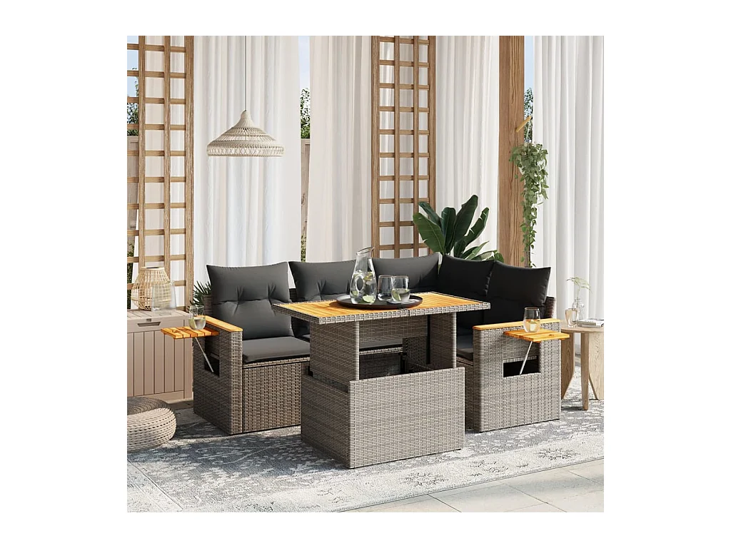 Salon de jardin 5 pcs avec coussins gris résine tressée