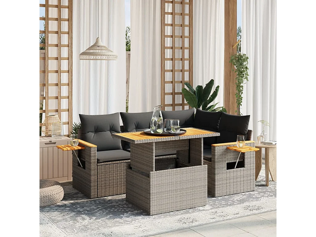 Set Divano da Giardino 5 pz con Cuscini Grigio in Polyrattan