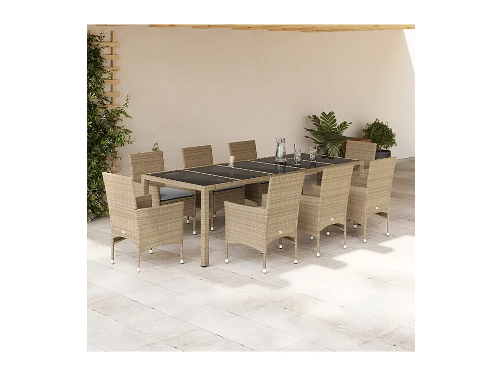 9 pcs conjunto jantar jardim com almofadões vime PE/vidro bege