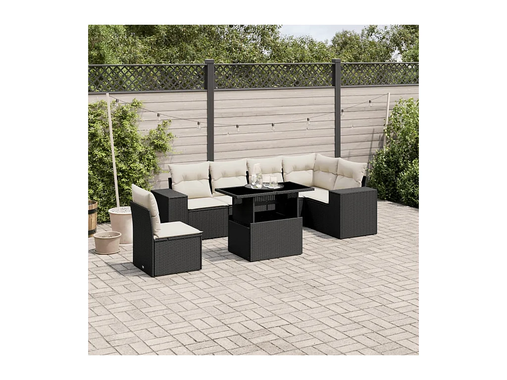 Salon de jardin 7 pcs avec coussins noir résine tressée