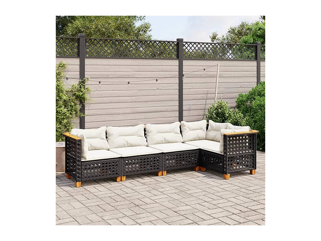 Salon de jardin 5 pcs avec coussins noir résine tressée