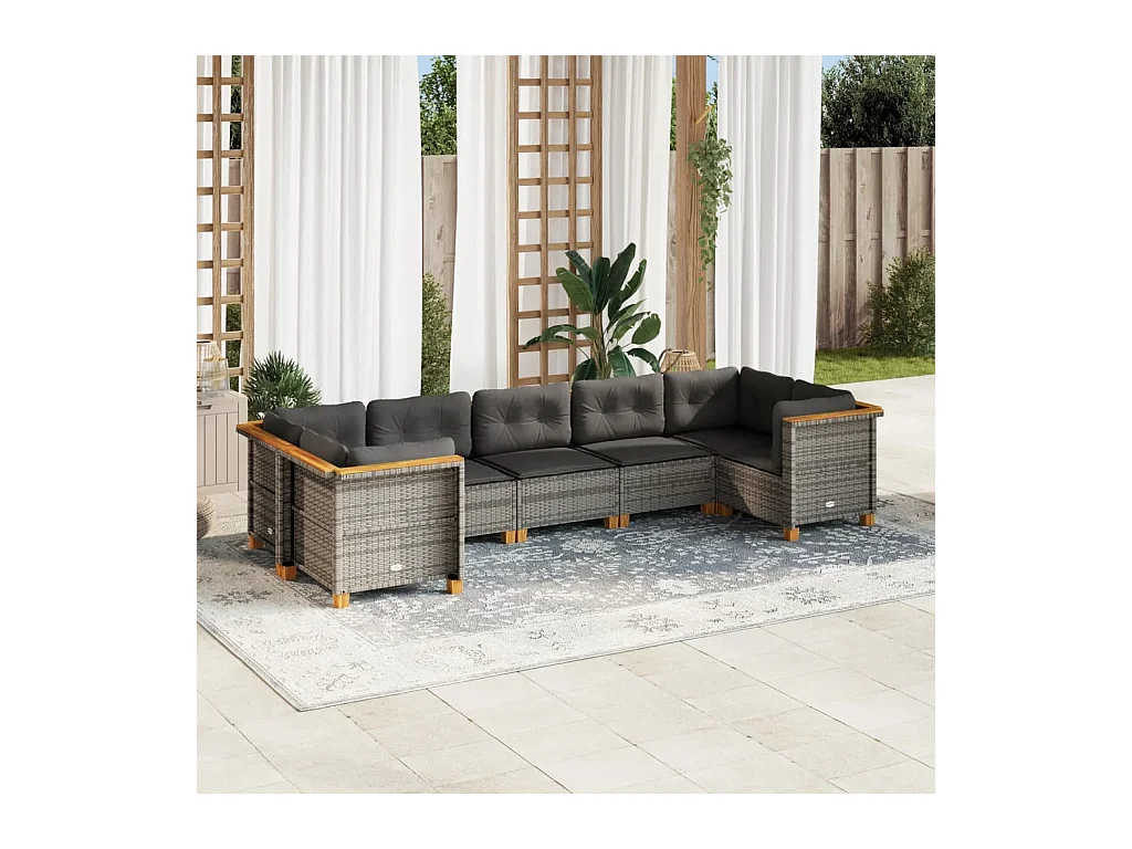 Salon de jardin avec coussins 7 pcs gris résine tressée