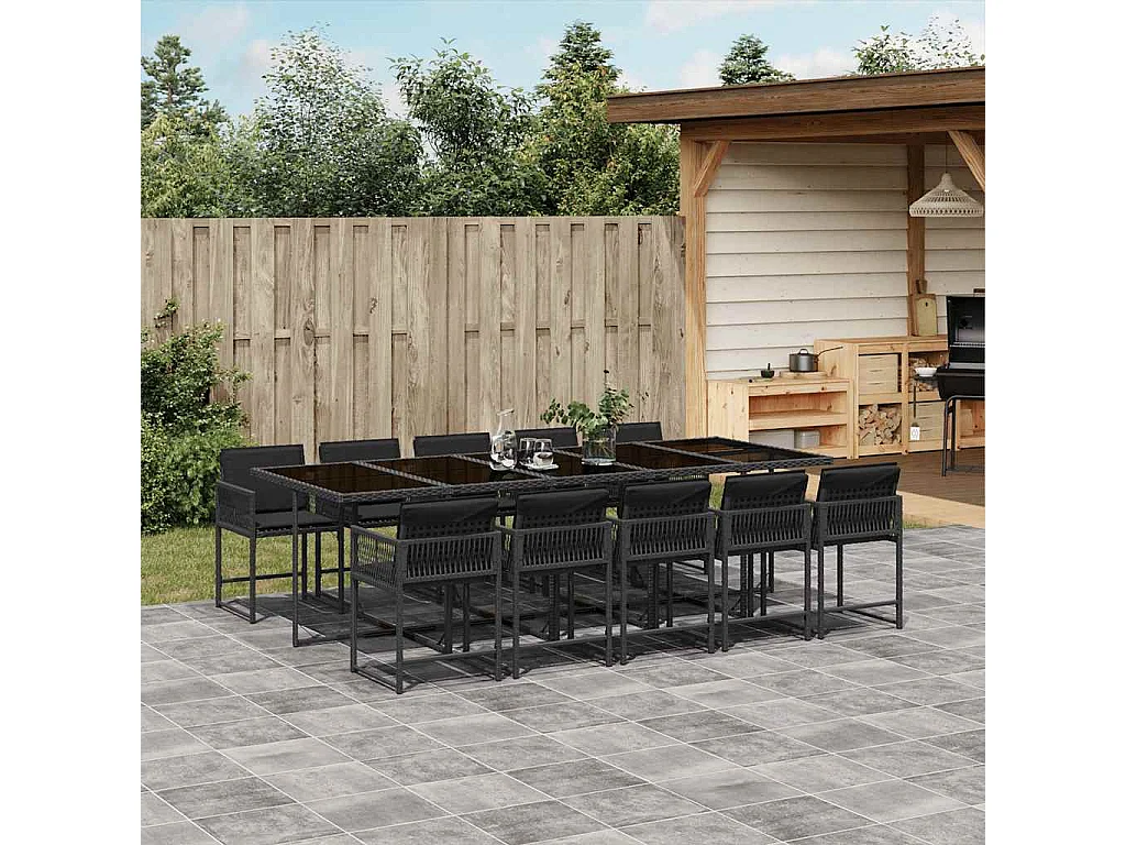 Set da Pranzo da Giardino 11 pz con Cuscini in Polyrattan Nero