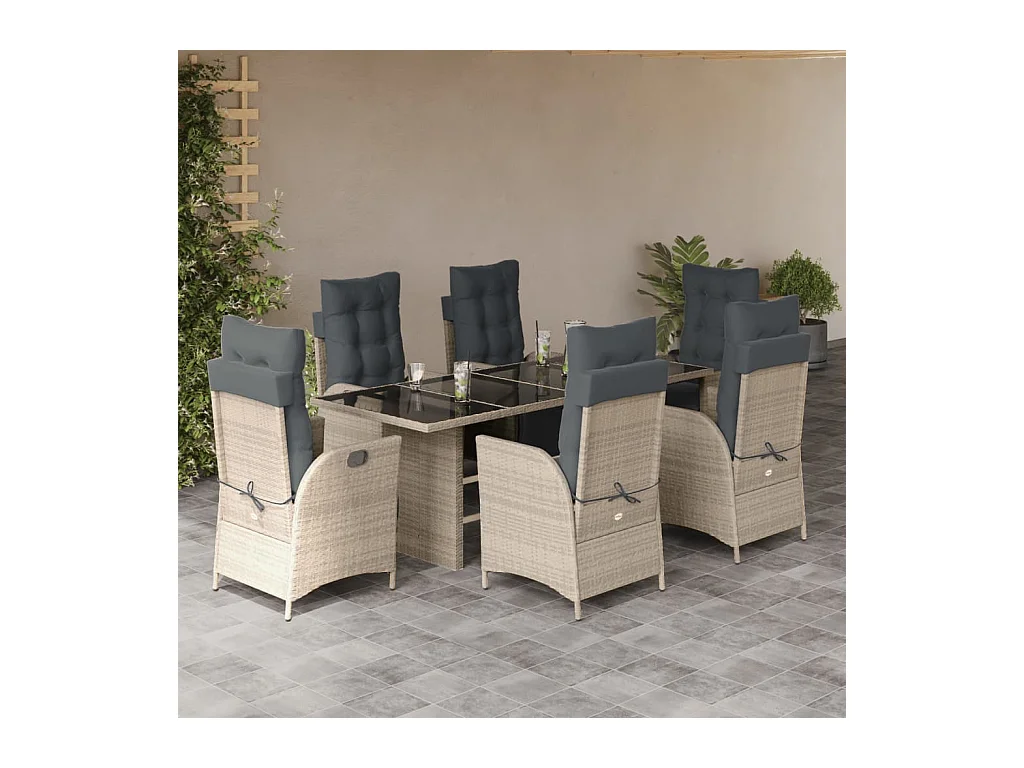 7-tlg. Garten-Essgruppe mit Kissen Hellgrau Poly Rattan