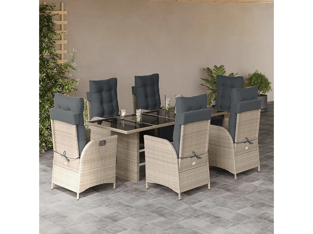 7-tlg. Garten-Essgruppe mit Kissen Hellgrau Poly Rattan