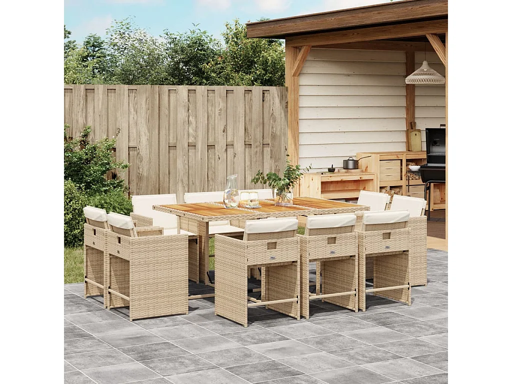 Set da Pranzo da Giardino 11 pz con Cuscini Beige in Polyrattan