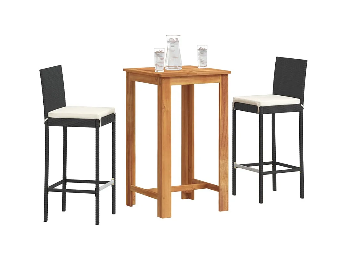 3-tlg. Gartenbar-Set Schwarz Massivholz Akazie und Poly Rattan