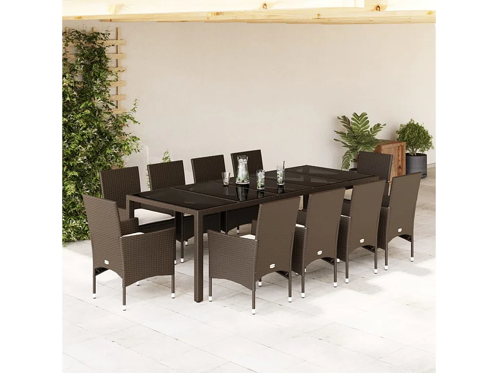 11 pcs conjunto jantar jardim c/ almofadões vime PE/vidro