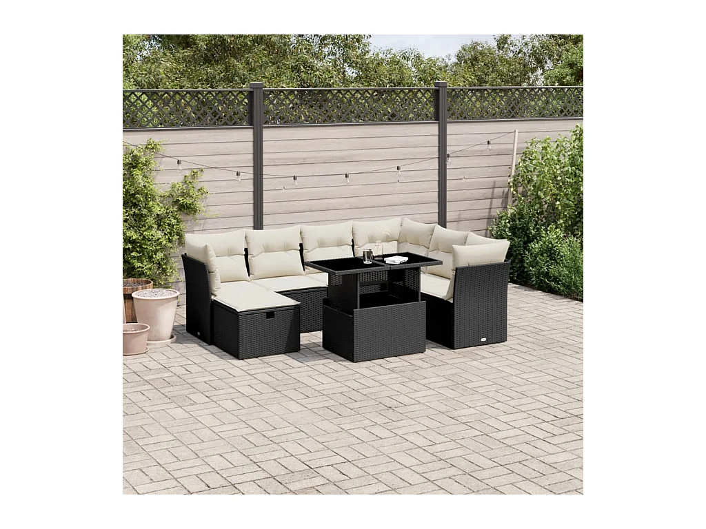 Salon de jardin 8 pcs avec coussins noir résine tressée