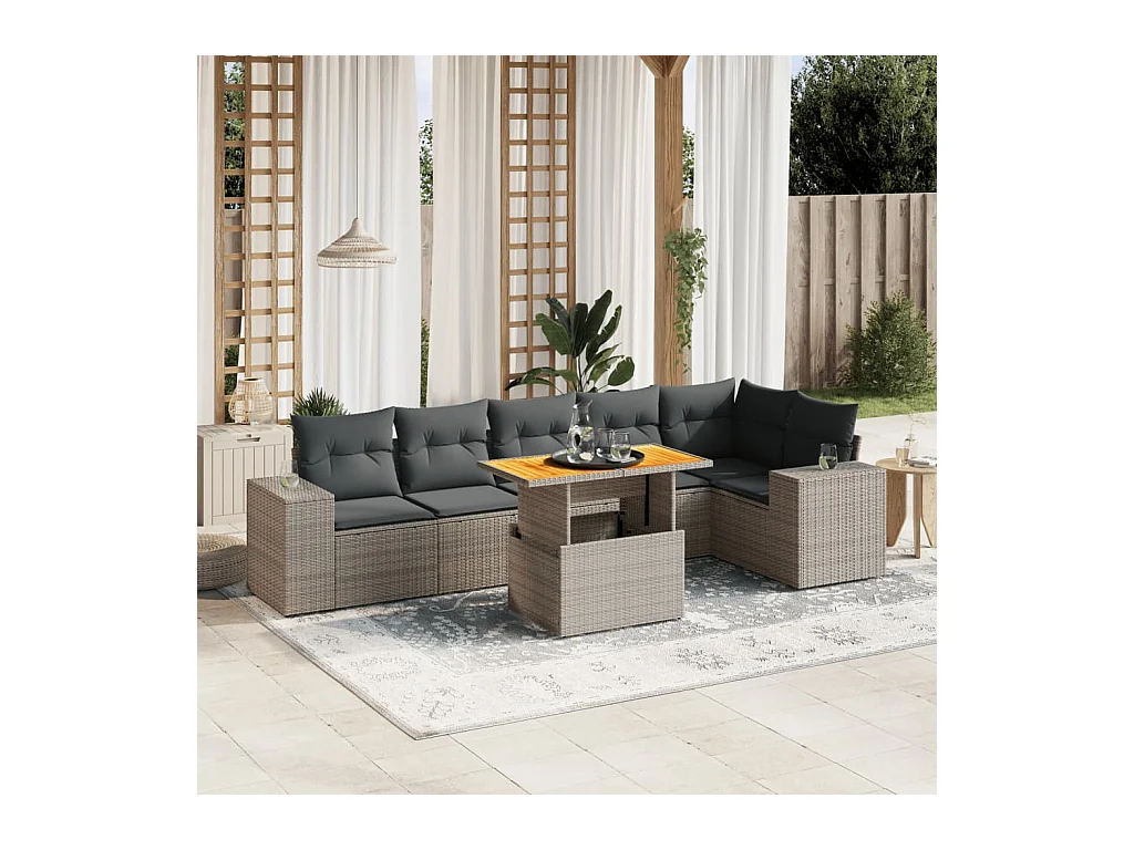 Salon de jardin avec coussins 7 pcs gris résine tressée