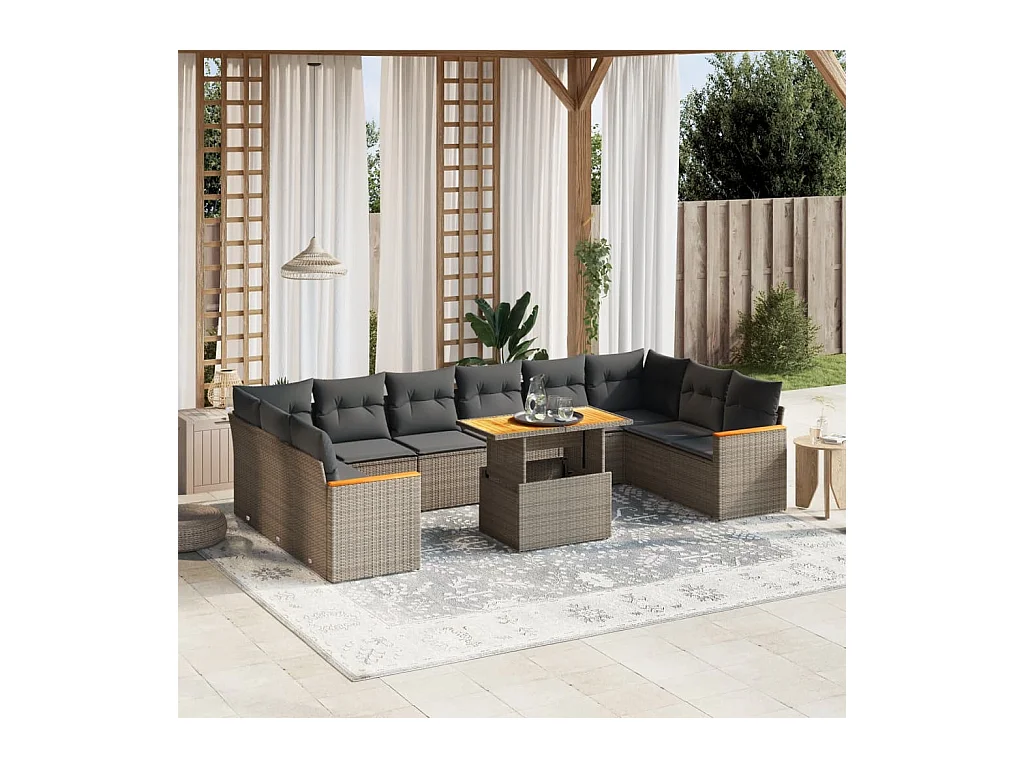 Set Divani da Giardino 11 pz con Cuscini in Polyrattan Grigio