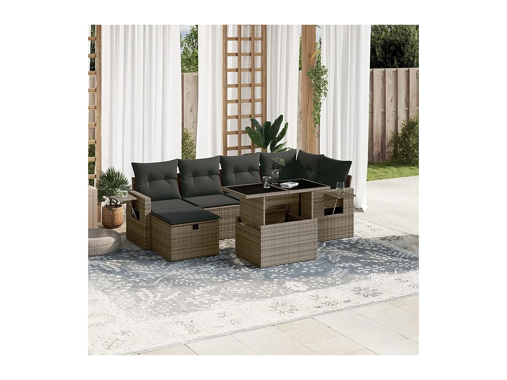 7-tlg. Garten-Sofagarnitur mit Kissen Grau Poly Rattan