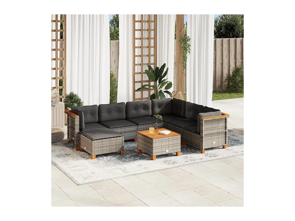 8-tlg. Garten-Sofagarnitur mit Kissen Grau Poly Rattan