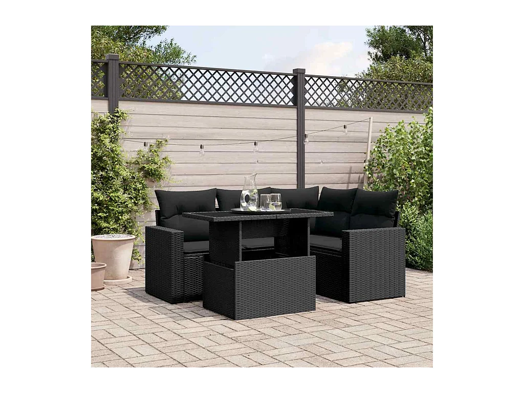 Salon de jardin 5 pcs avec coussins noir résine tressée