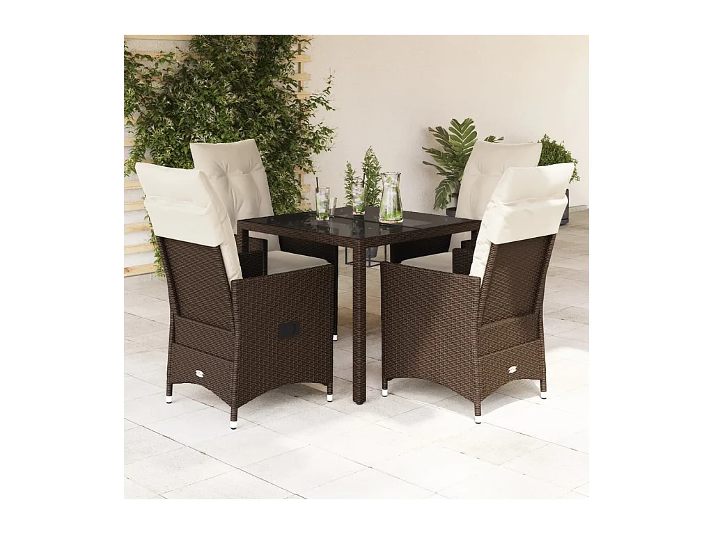 Ensemble à manger de jardin 5 pcs et coussins marron poly rotin