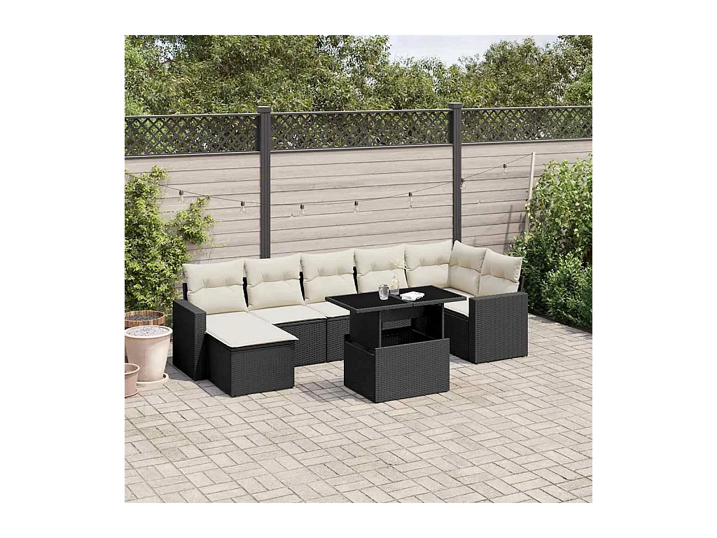 8-tlg. Garten-Sofagarnitur mit Kissen Schwarz Poly Rattan