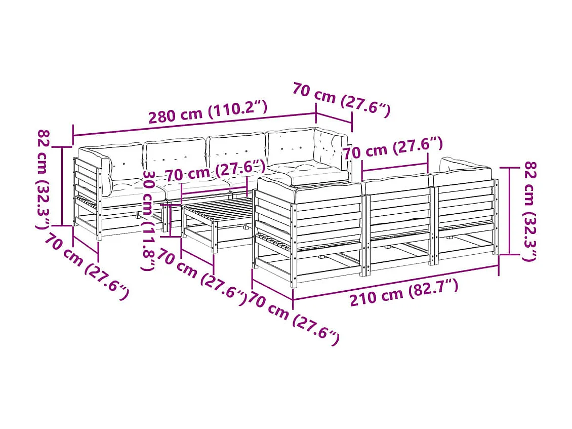 Salon de jardin 8 pcs avec coussins sapin douglas solide