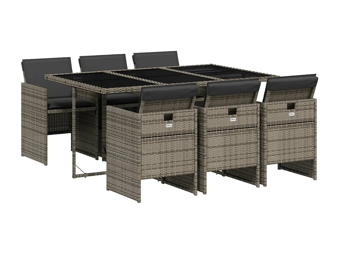 Ensemble à manger de jardin et coussins 7 pcs gris rotin