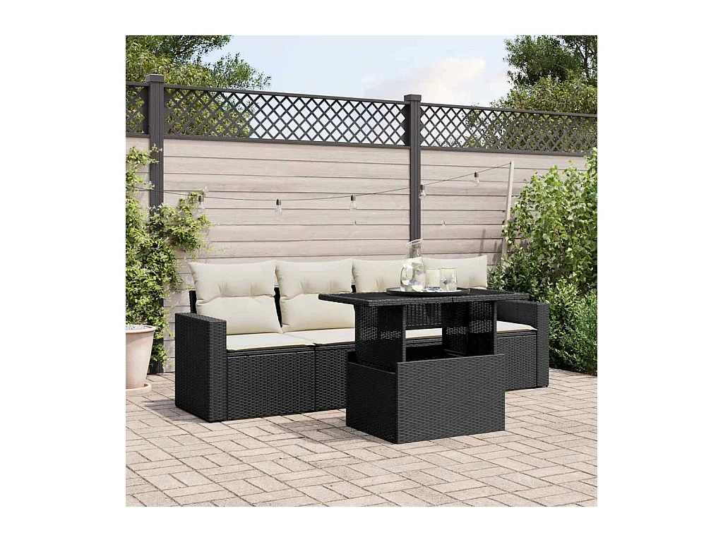 Salon de jardin 5 pcs avec coussins noir résine tressée