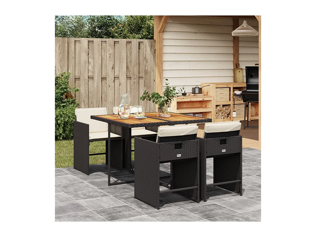 Ensemble à manger de jardin coussins 5pcs Noir Résine tressée