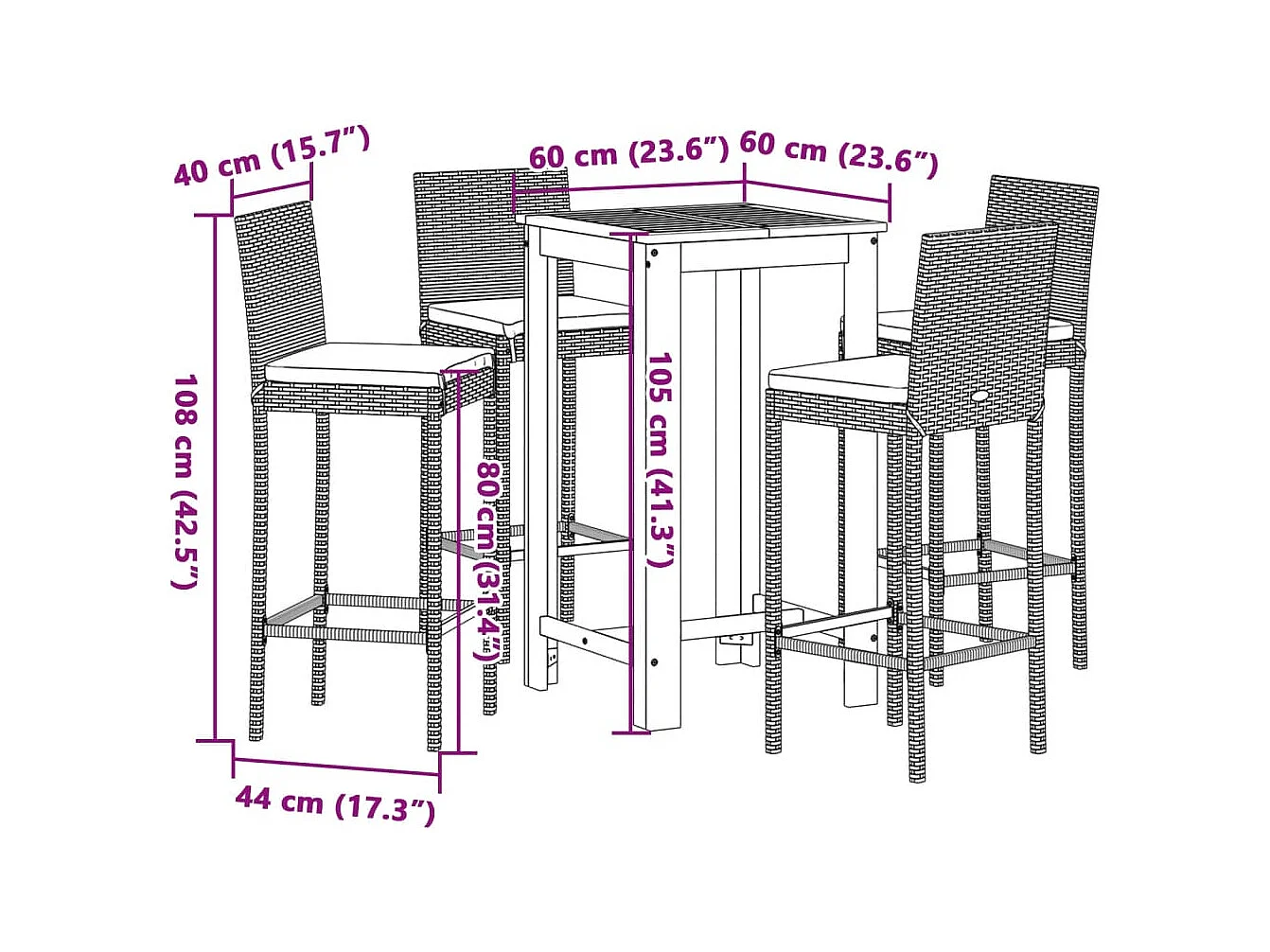 Ensemble de bar de jardin 5 pcs gris bois massif acacia rotin