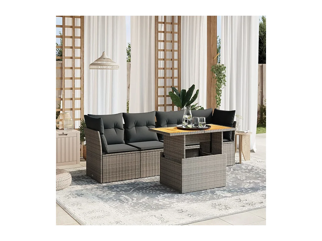 Salon de jardin 5 pcs avec coussins gris résine tressée