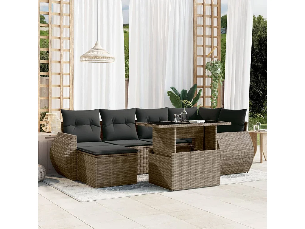 Salon de jardin avec coussins 7 pcs gris résine tressée