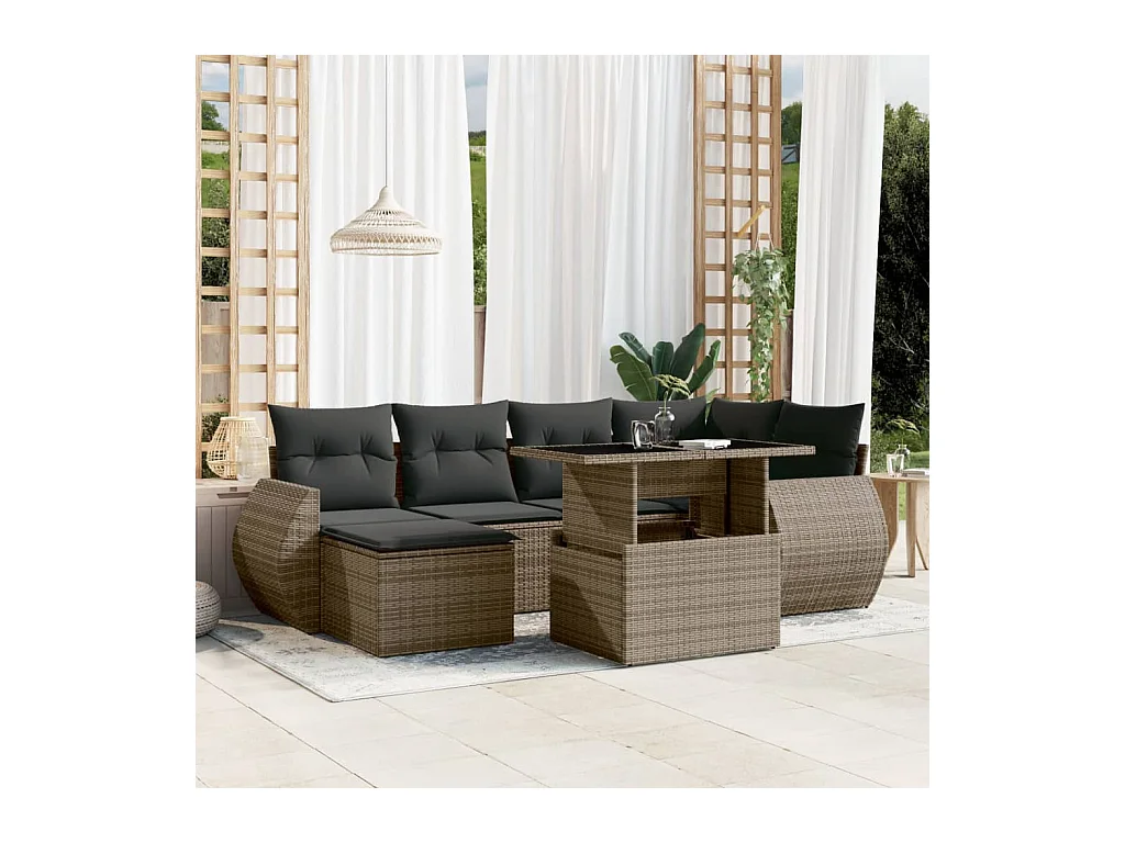 7-delige Loungeset met kussens poly rattan grijs