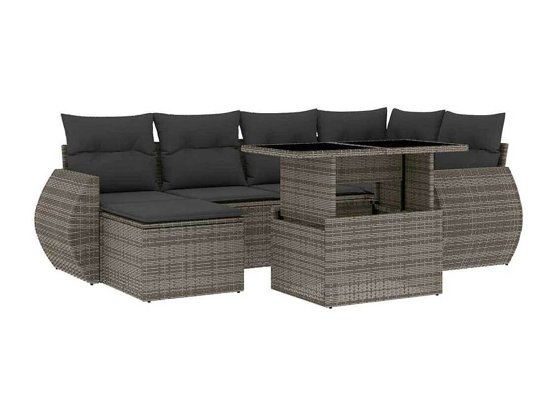 Salon de jardin avec coussins 7 pcs gris résine tressée