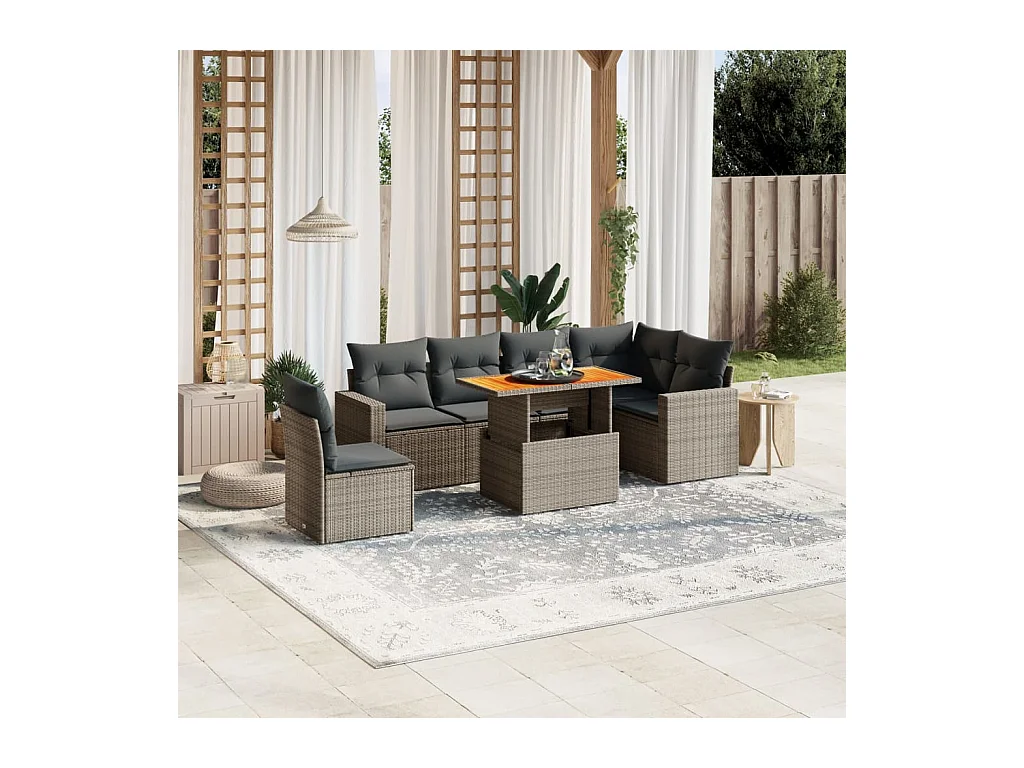 Salon de jardin avec coussins 7 pcs gris résine tressée