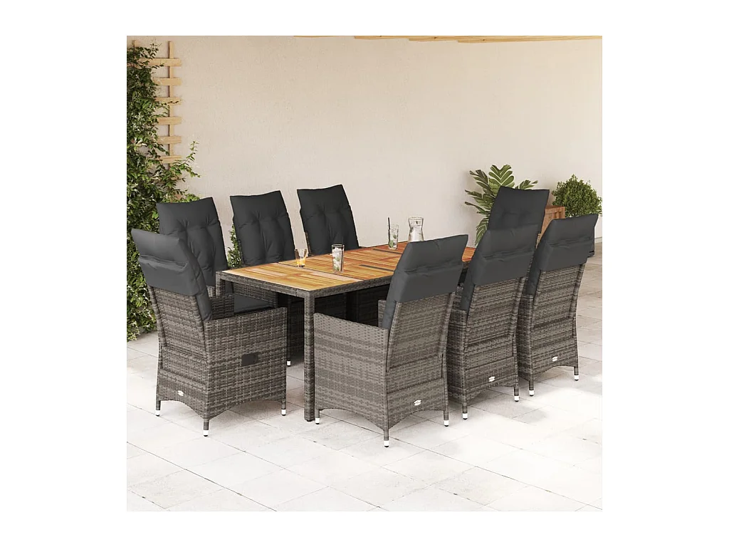 Ensemble à manger de jardin 9 pcs coussins gris résine tressée