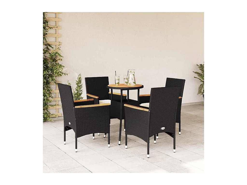 Ensemble à manger de jardin et coussins 5 pcs noir rotin acacia