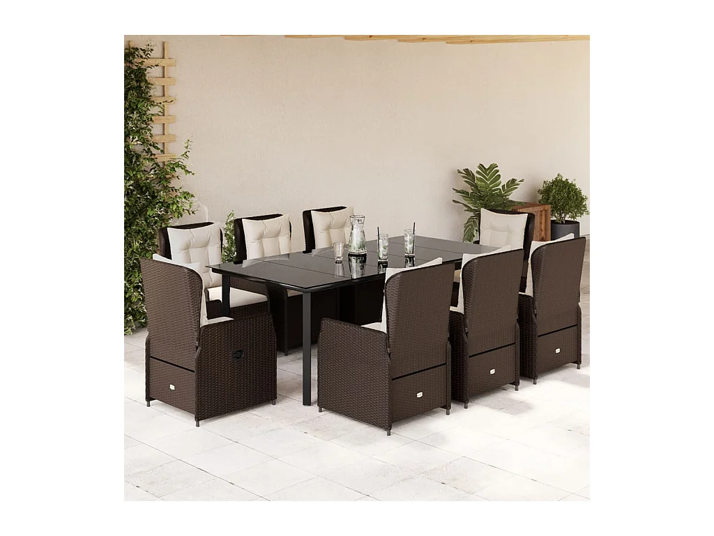 Ensemble à manger de jardin et coussins 9 pcs marron poly rotin