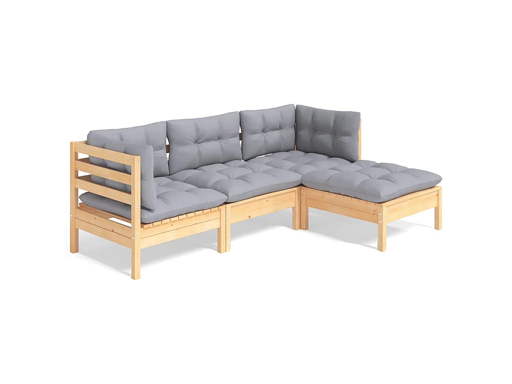 4 pcs conjunto lounge de jardim c/ almofadões cinzentos pinho