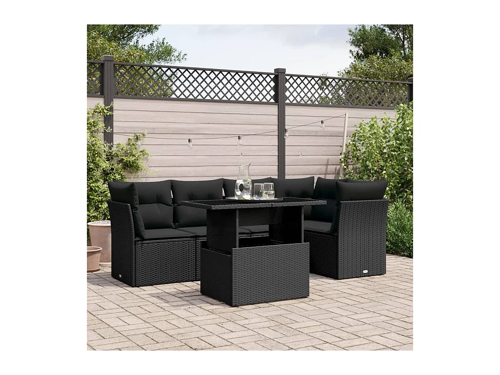 Salon de jardin 6 pcs avec coussins noir résine tressée