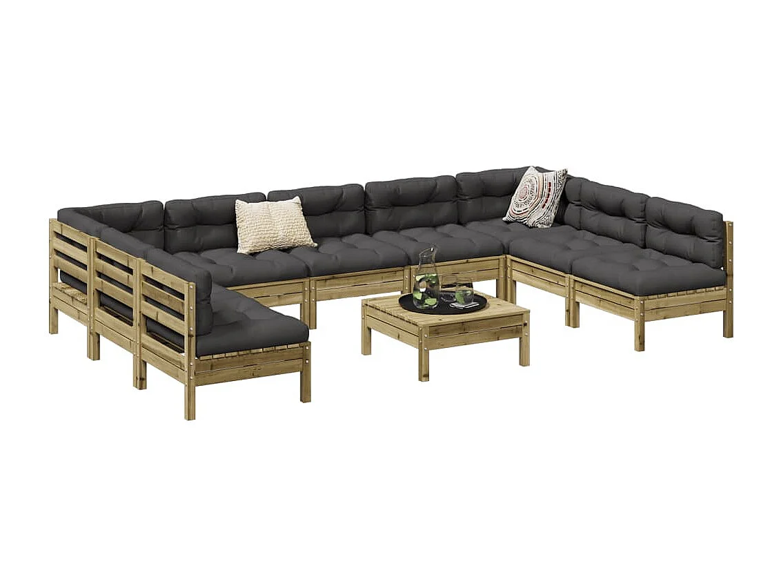 Salon de jardin avec coussins 10 pcs bois de pin imprégné