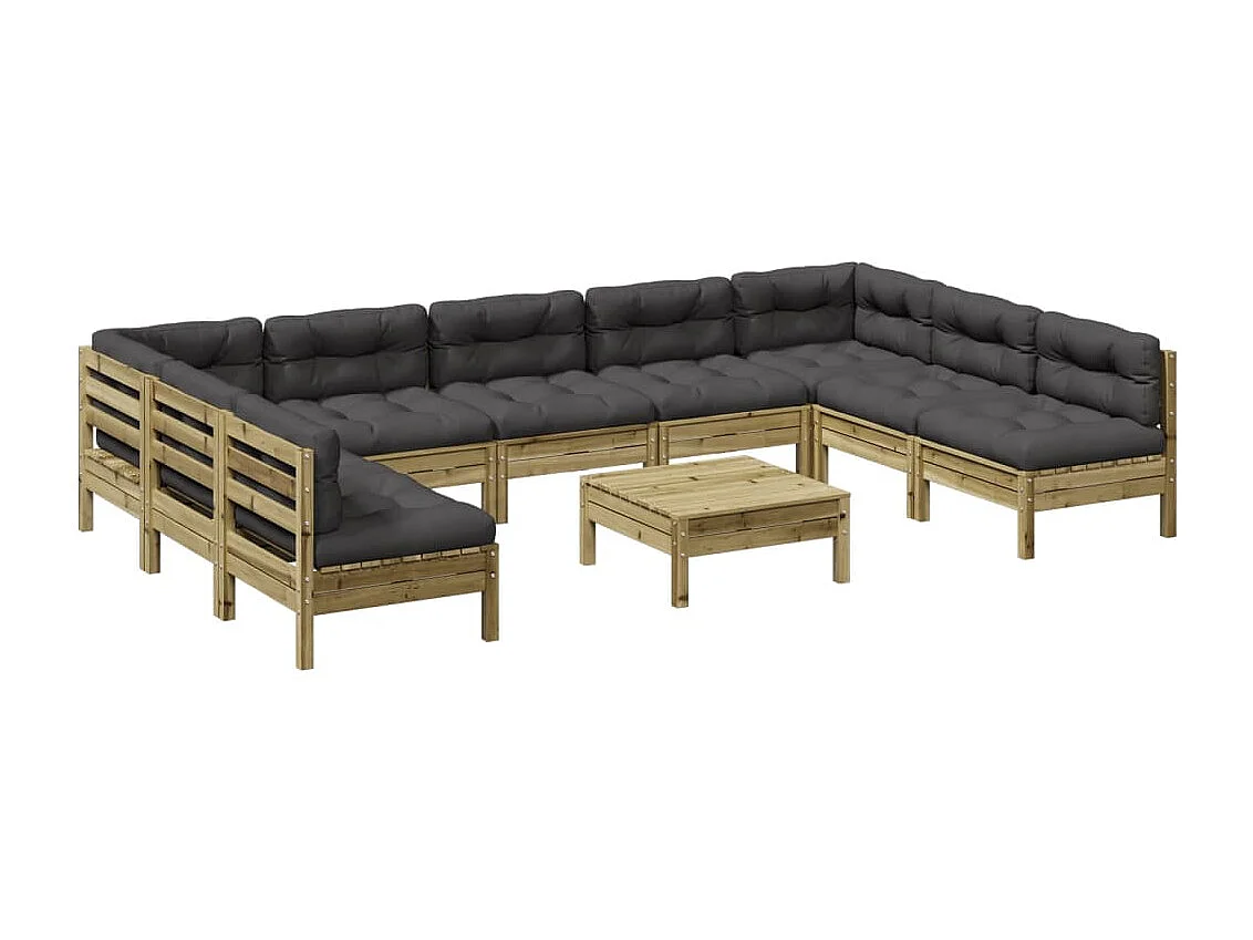 Salon de jardin avec coussins 10 pcs bois de pin imprégné