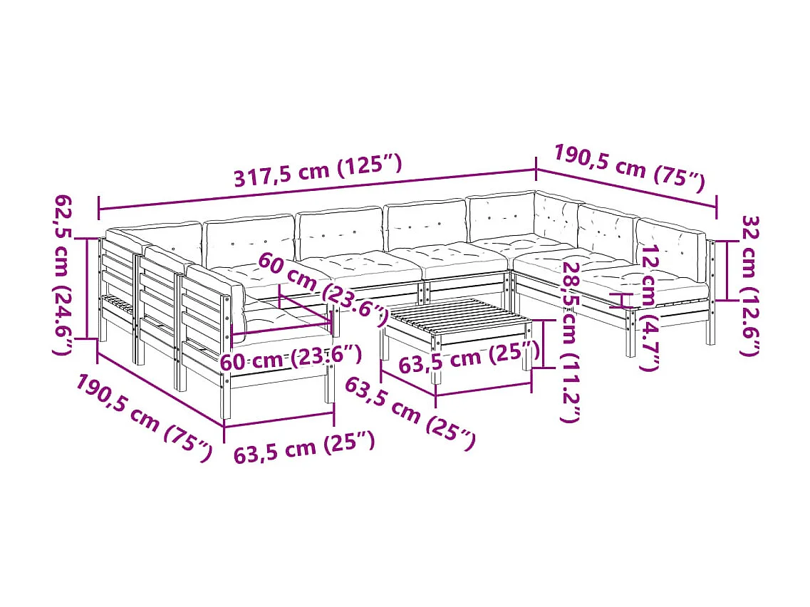 Salon de jardin avec coussins 10 pcs bois de pin imprégné