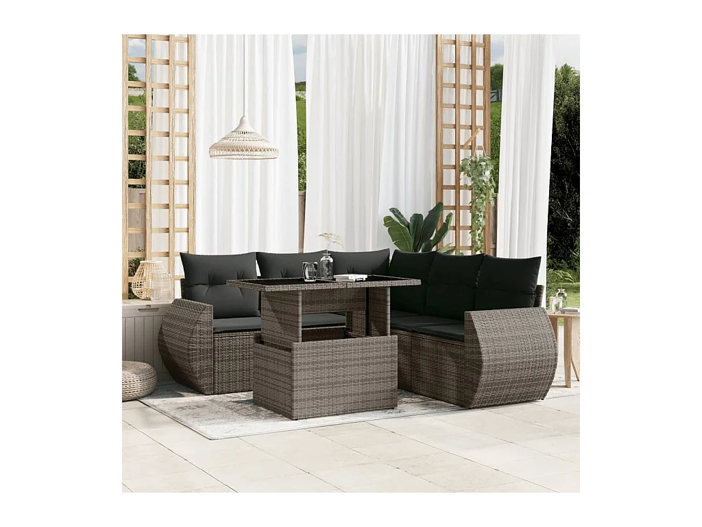 Salon de jardin 6 pcs avec coussins gris résine tressée