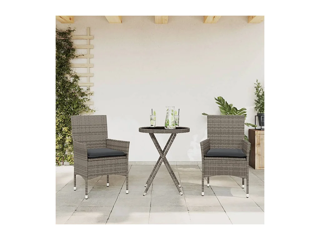 Set da Bistrò 3 pz con Cuscini Grigio Polyrattan e Vetro