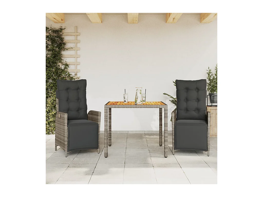 3-tlg. Garten-Essgruppe mit Kissen Grau Poly Rattan