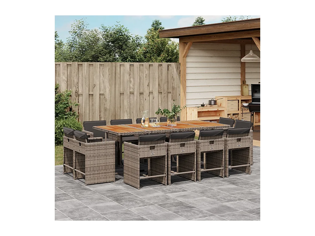 Ensemble à manger de jardin coussins 13 pcs gris résine tressée