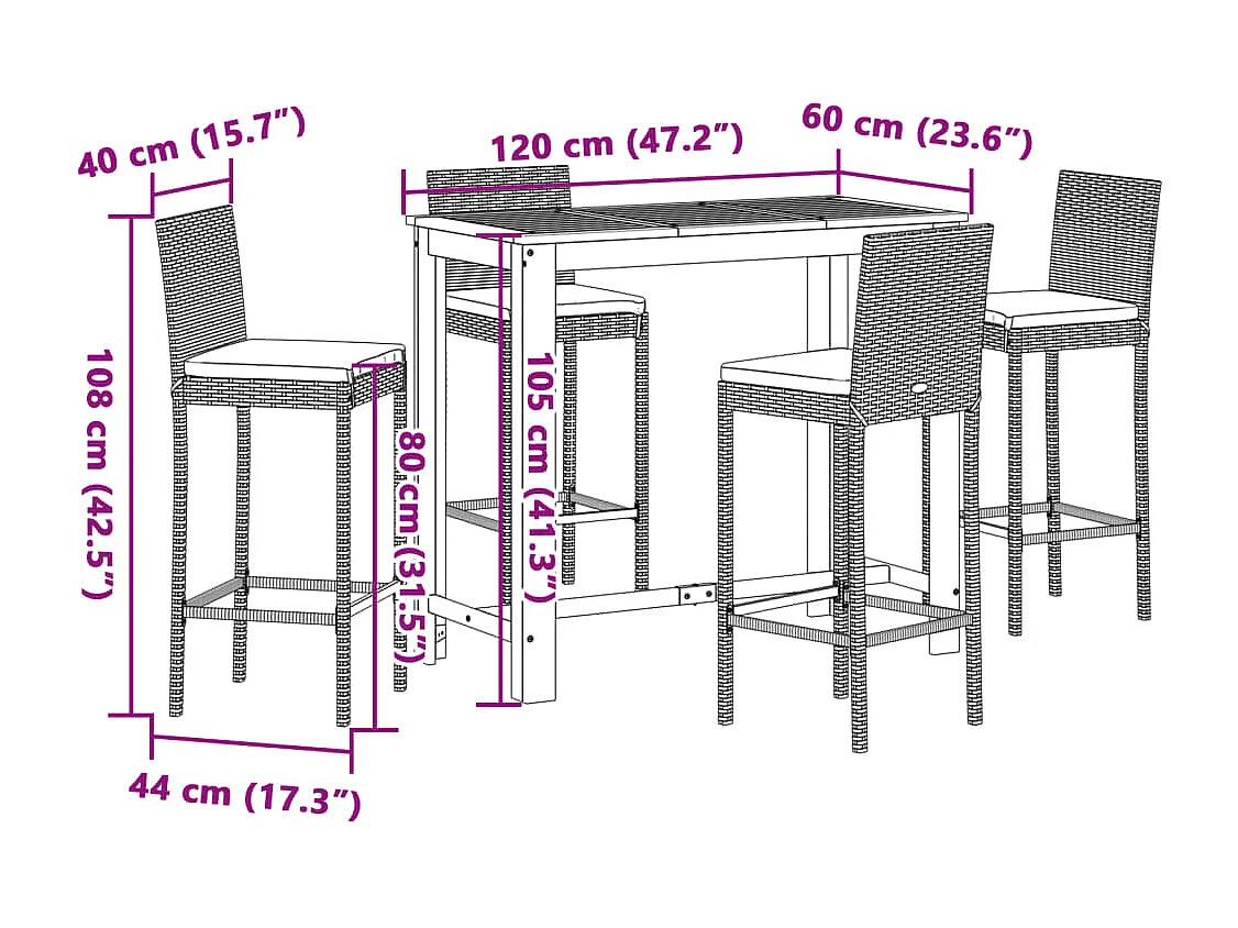 5-delige Tuinbarset massief acaciahout en poly rattan zwart