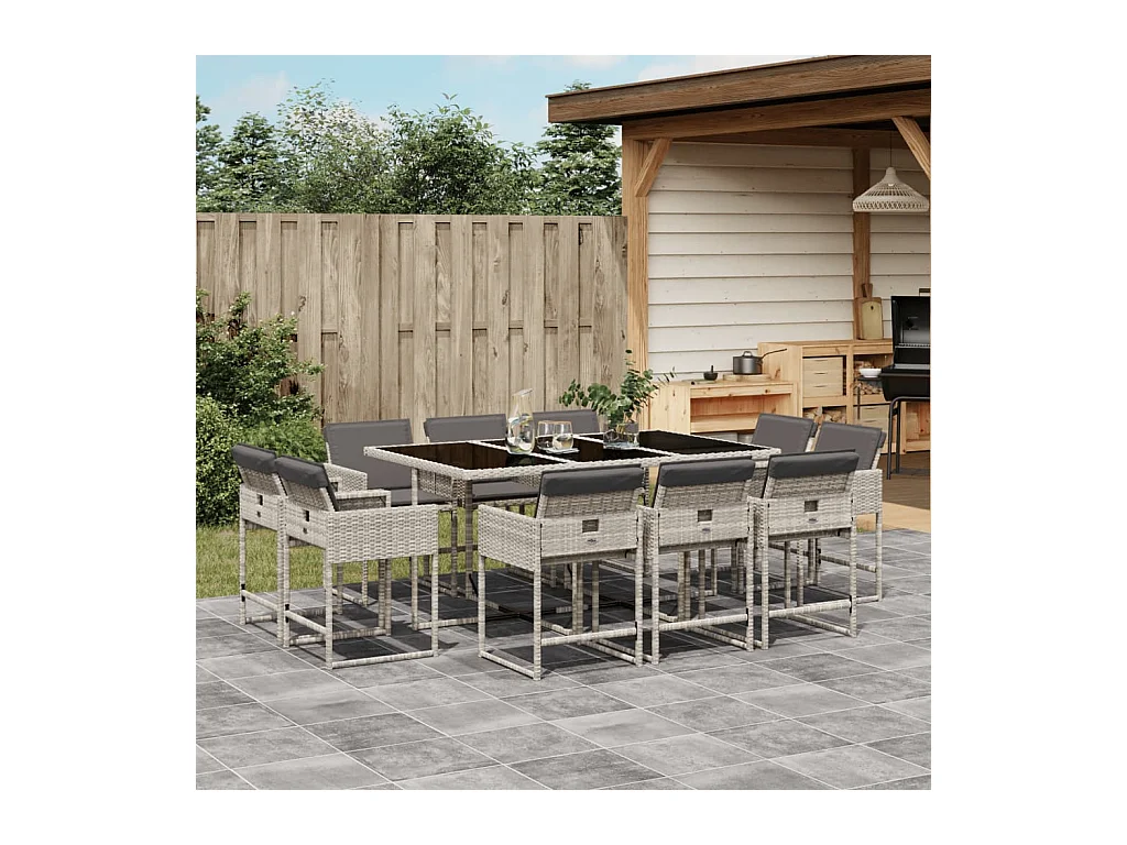 Ensemble à manger de jardin 11pcs avec coussins gris poly rotin