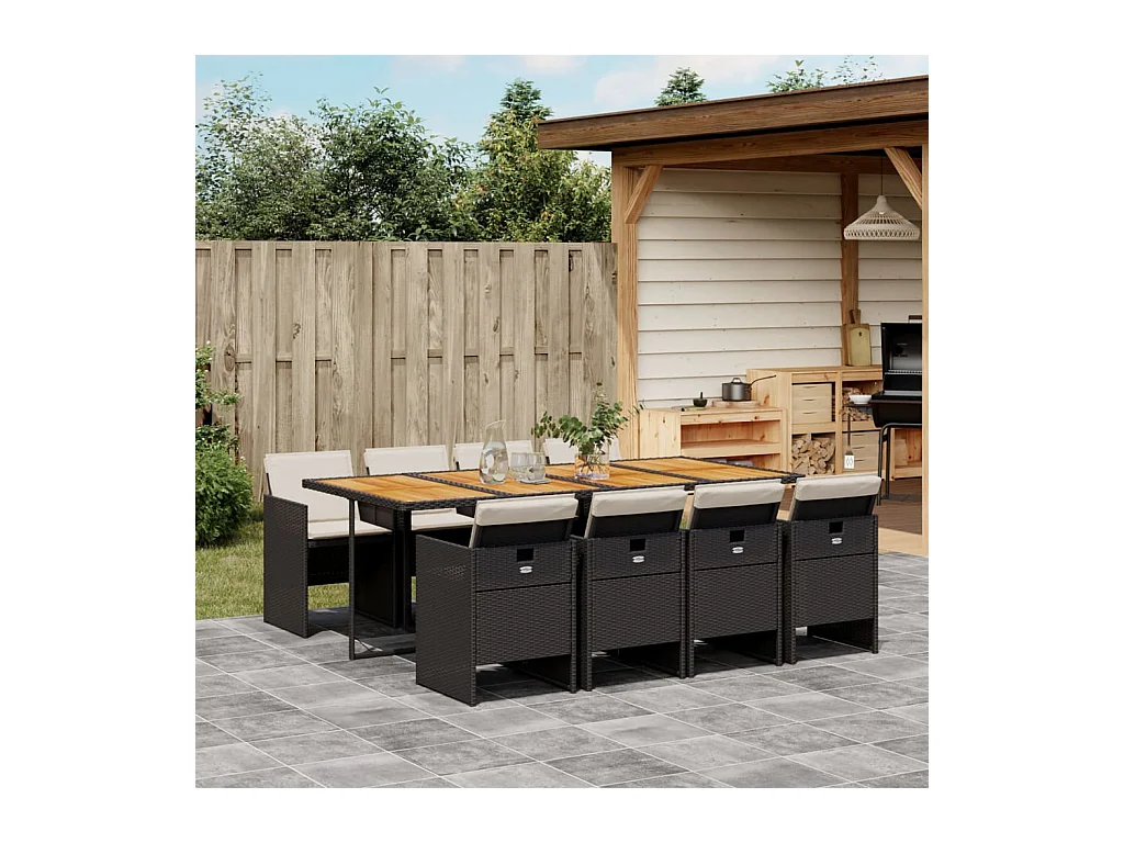 Set da Pranzo da Giardino 9 pz con Cuscini Nero in Polyrattan
