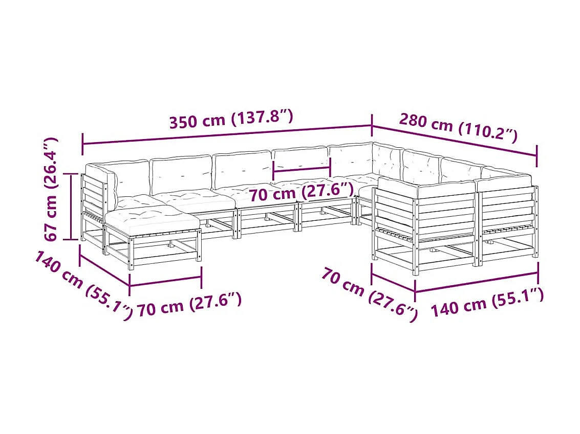 10-tlg. Garten-Sofagarnitur mit Kissen Massivholz Kiefer